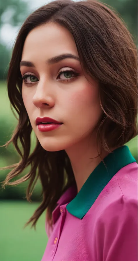 tiktok photo of 37 years old woman, closeup, RAW, masterpiece, realistic, hyper realistic, muted color, film grain, 
looking at viewer, polos pastel perfection looking 80s casual soft collars, fascinating, 
wearing Magenta dress flower,