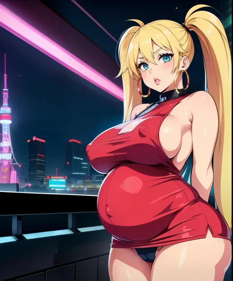 1girl,  (((bimbo))),hoop earrings, puffy lips, painted lips, thick lips. 
blonde hair, short twintails, wide hips, thick thighs, bursting breasts Nightlife, Night city, Cyberpunk city, futuristic cityscape. Neon lights, (skyscraper:1.1), Tokyo tower, palm ...