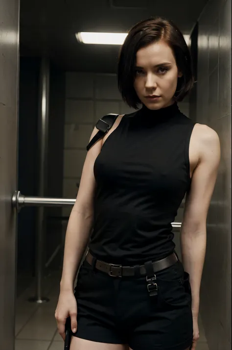 Simone Simons, short Hair over shoulders, Black Hair, DARK hair Woman, wearing a Gray Tank top and black, the matrix style, under arm holster