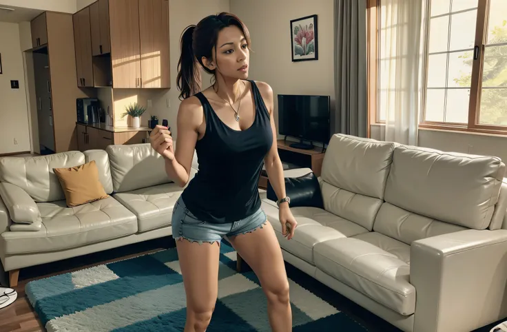 Theres a woman standing in a living room playing a video game, mulher curta robusta, Mulheres de 40 anos, coluna, in an action pose, 30 anos mulher, side view of her taking steps, sweating, imagem de perfil, Slim woman dancing