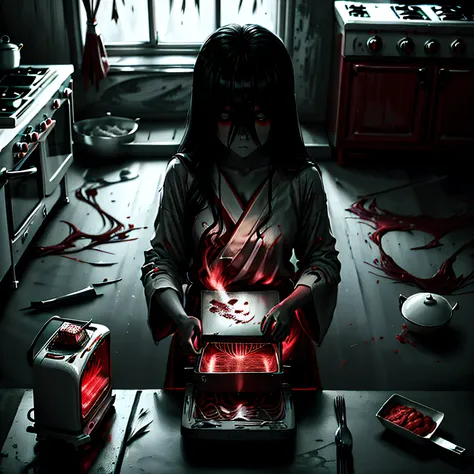 1girl, sadako in white kimono, straight black long hair, (sadako holds a toaster oven and looks up at viewer), (drawn in black a...