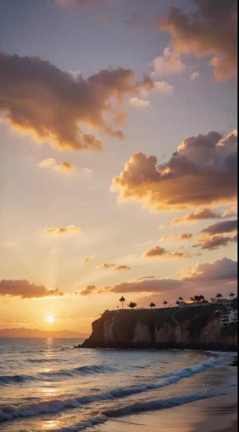 A beautiful sunset over the ocean,Crimson and gold clouds reflecting in the water....,silueta de un faro en la distancia,Olas suaves rompiendo en la orilla,Gaviotas volando en el cielo,Colores y matices impresionantes,pintura,ultra detallado,pinceladas sua...