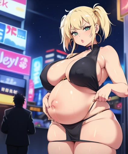 1girl,  (((bimbo))),hoop earrings, puffy lips, painted lips, thick lips. 
blonde hair, short twintails, wide hips, thick thighs, bursting breasts Nightlife, Night city, Cyberpunk city, futuristic cityscape. Neon lights, (skyscraper:1.1), Tokyo tower, palm ...