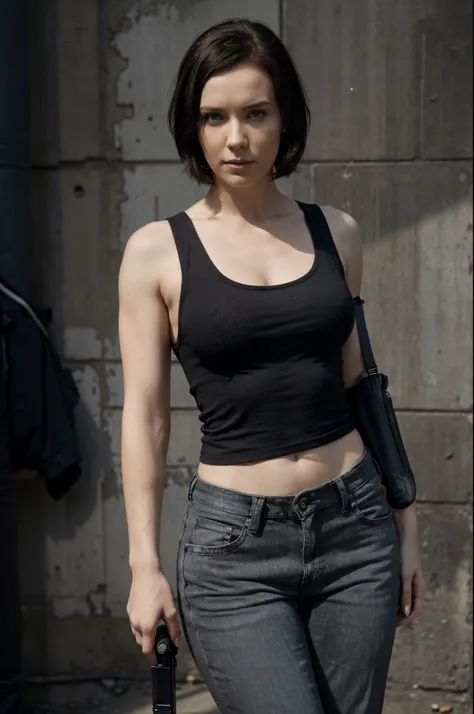 Simone Simons, short Hair over shoulders, Black Hair, dark hair Woman, wearing a gray tank top, the matrix style, denim pants, tactical holster under the arm