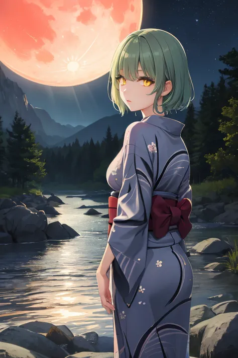 masterpiece, best quality, absurdress, perfect anatomy, 1girl, 独奏, light green hair, yellow eyes, medium hair, yukata, short yuk...