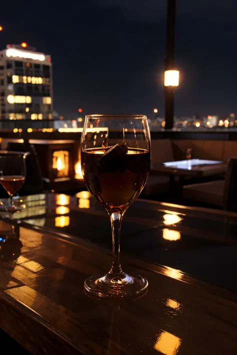 cigar and brandy glass on the table in the rooftop with a city landscape background night