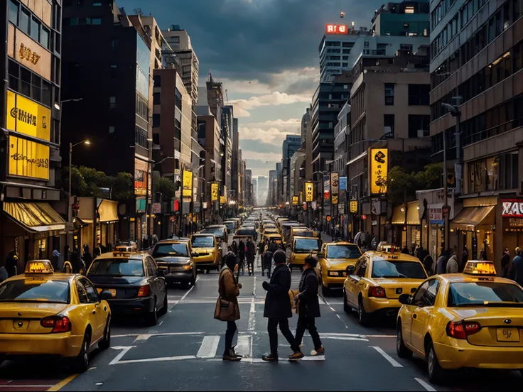 A bustling urban street scene at rush hour in a huge in a continuous, single-shot setting, echoing the visual style of Birdman, featuring yellow taxi cabs, style raw