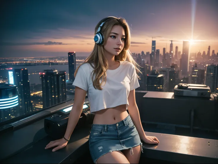 Photo of 18-year-old Emily VanCamp wearing white T shirt and jeans skirt and headphone. navel look. she is on the stage.overlooking a (scifi solarpunk)1.2 city skyline, night, (backlit)1.2, (film grain)1.2, coastal atolls