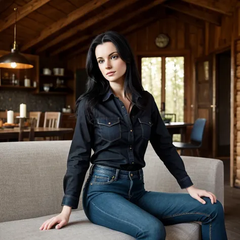 realistic photograph, French woman, beautiful woman, Solo, pale skin, dark eyes, long black hair, jeans and work shirt, in forest cabin, sitting on couch