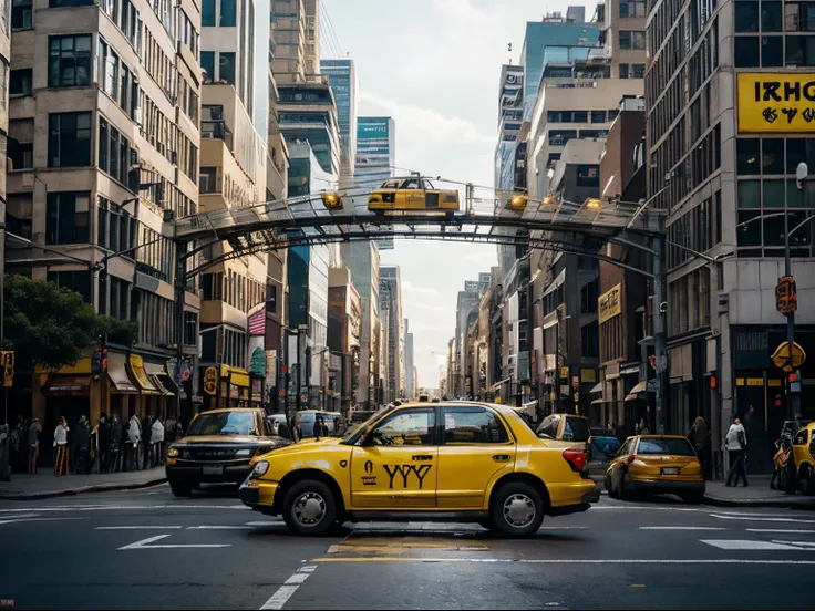 A bustling urban street scene at rush hour in a huge in a continuous, single-shot setting, echoing the visual style of Birdman, featuring yellow taxi cabs, style raw