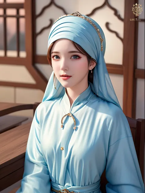 1girl, solo, beautiful face, high detailed realistic eyes, double eyelids, high detailed realistic pupils, upon body from head to waist, (wearing hijab:1.37), (moslem headscarf:1.37), reading glasses, sitting alone on a long chair, amazing mosque park back...