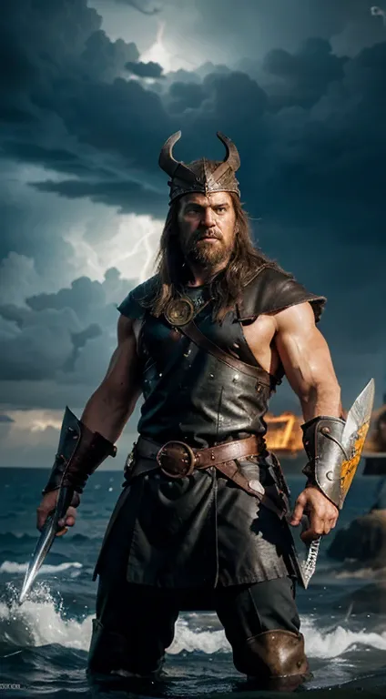 a fierce Viking warrior with a horned helmet, a mighty sword, and a shield,[best quality,ultra-detailed] standing on a Viking ship [HDR,UHD] in the midst of a stormy sea, [extreme detail description,sharp focus] with crashing waves and dark storm clouds, [...