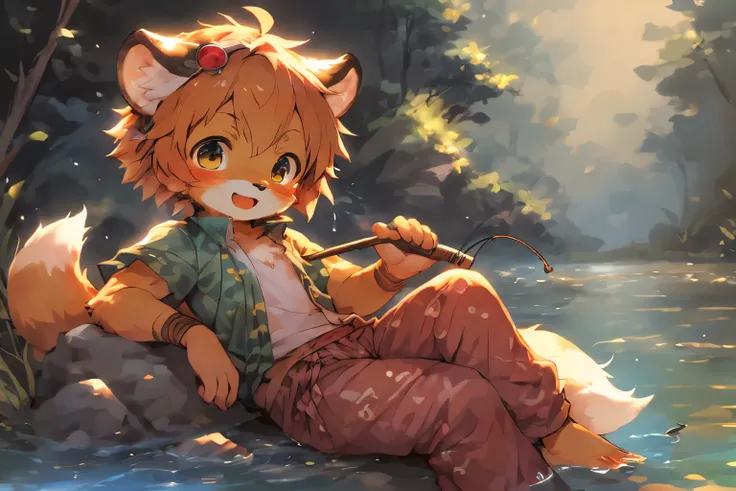 Anime style illustration of fox fishing with fishing rod in river, Cute and detailed digital art, Very very beautiful furry art, Detailed fanart, high-quality wallpaper, He was wearing pajamas, furry fantasy art, Popular topics on artstation pixiv, High-qu...