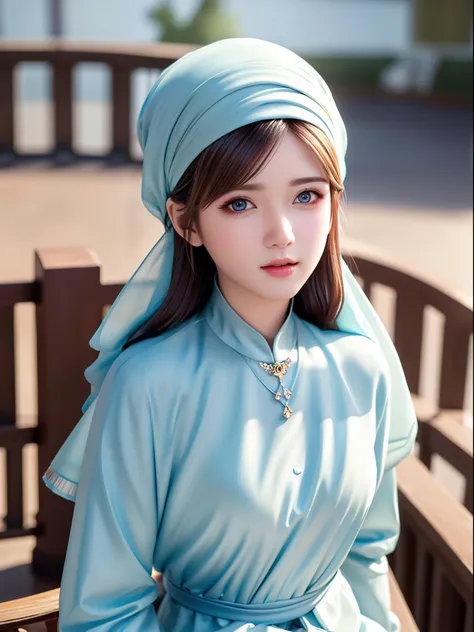 1girl, solo, beautiful face, high detailed realistic eyes, double eyelids, high detailed realistic pupils, upon body from head to waist, (wearing hijab:1.37), (moslem headscarf:1.37), reading glasses, sitting alone on a long chair, amazing mosque park back...