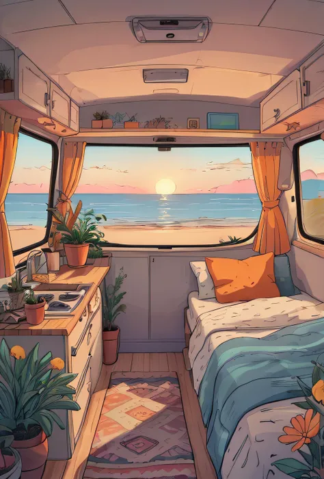 inside a cozy campervan, comfy bed and warm blanket, plants, flowers, decoration, view from the back on quiet beach, sunrise, peaceful, vibrant colors, lineart, cartoon style, (masterpiece, best quality, high resolution), 8K