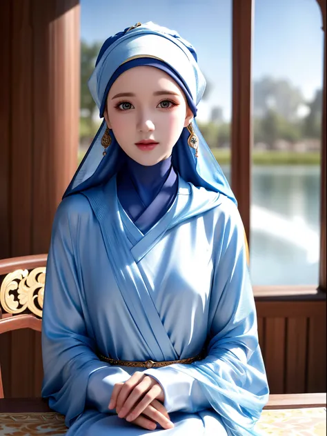 1girl, solo, beautiful face, high detailed realistic eyes, double eyelids, high detailed realistic pupils, upon body from head to waist, (wearing hijab:1.37), (moslem headscarf:1.37), reading glasses, sitting alone on a long chair, amazing mosque park back...