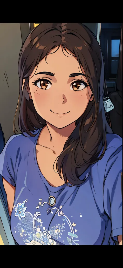 Girl, hair, brown eyes, blue shirt, soft smiling. Perfect smile. HD, clear picture. Round face. Tanned skin