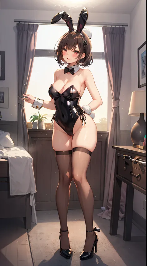 1girl in, Parted lips, blush, makeup, lightsmile, Full body, Wide Angle, frombelow, crass room, llight rays, Glow, thighs thighs thighs thighs, 鎖骨, Narrow waist, (masutepiece), (Wearing a bunny costume:1.3)、Black costume