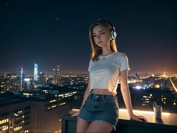 Photo of 18-year-old Emily VanCamp wearing white T shirt and jeans skirt and headphone. navel look. she is on the stage.overlooking a (scifi solarpunk)1.2 city skyline, night, (backlit)1.2, (film grain)1.2, coastal atolls