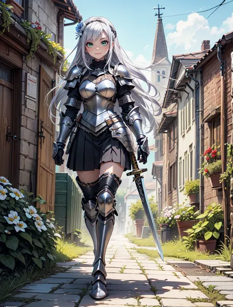 Ultra High Definition,
Ultra High Quality,
Hyper Definition,
Hyper Quality,
Hyper Detailed,
Extremely Detailed,
Perfectly Detailed,
8k,
1 girl,
Long Silver Hair,
Full Body Armor, Skirt
Solid Green Eyes, Sword
Cheerful Expression, White Flower Barrette
Armo...