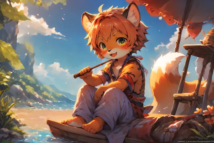 Anime style illustration of fox fishing with fishing rod at the seaside, Cute and detailed digital art, Very very beautiful furry art, Detailed fanart, high-quality wallpaper, He was wearing pajamas, furry fantasy art, Popular topics on artstation pixiv, H...