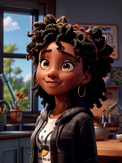 Disney pixar movie poster of beautiful black African queen((lighter black skin)) in a gray hoodie. She has brown eyes, black and blue medium dreadlocks.