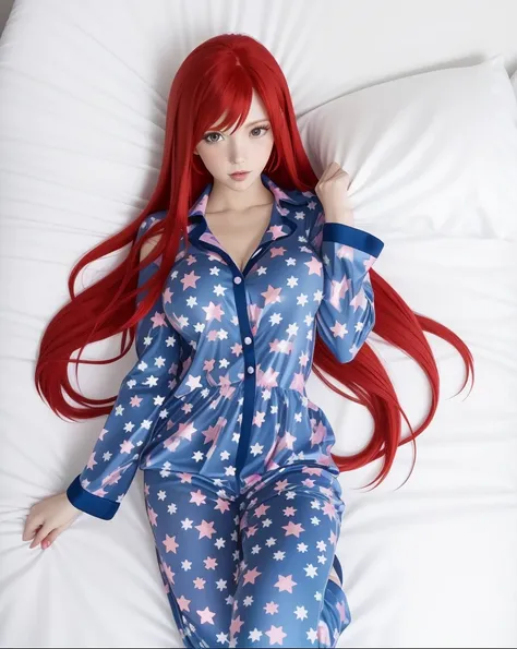 a close up of a person in a blue pajamas with long red hair, lying on ben, looking at viewer, erza scarlet as a real person, rias gremory, female anime character, anime girl named Erza Scarlet, Fairy Tale anime, best anime character design, she has red hai...