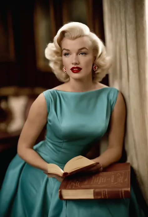 A photo of Marilyn Monroe in a glamorous 1950s-style dress holding a book titled War and Peace,original,Marilyn Monroe has bleached blonde hair, plump red lips and a mole on the upper corner of her lip on the right side of her cheek.