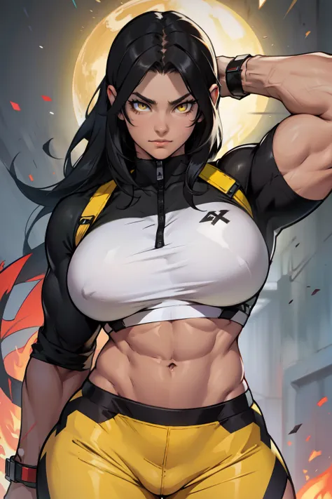 girl huge muscles black hair yellow eyes