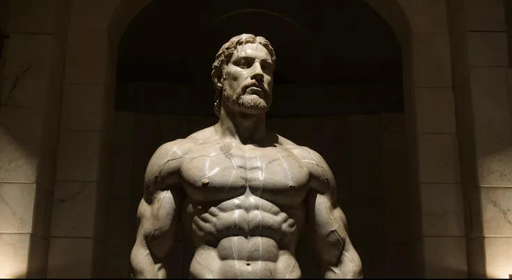 A majestic marble sculpture representing Sócrates, with defined muscles and wise expression, iluminada por luces que resaltan su esplendor, sobre un fondo oscuro.