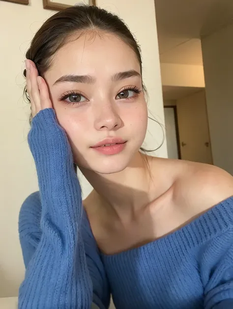 A close-up of a woman in a blue sweater posing for a photo, Retrato Sophie Mudd, dilraba dilmurat, 19 year old girl, 18 years old, una hermosa adolescente, natural soft pale skin, Chica joven y linda, Anna Nikolanova aka Newmilky, smooth, flawless, pale sk...