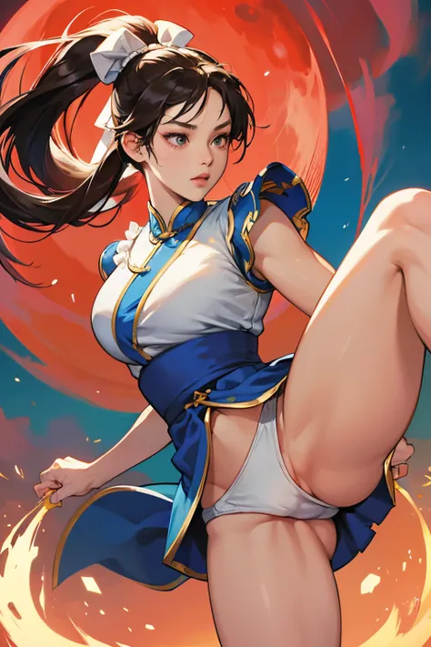 chun-li from street fighters series , white panty , kick in the streets , red moon , perfect eyes ,