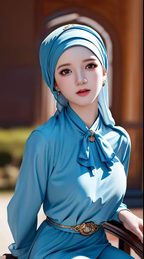 1girl, solo, beautiful face, high detailed realistic eyes, double eyelids, high detailed realistic pupils, (upon body from head to waist:1.36), (wearing hijab:1.37), (moslem headscarf:1.37), reading glasses, sitting alone on a long chair, amazing mosque pa...