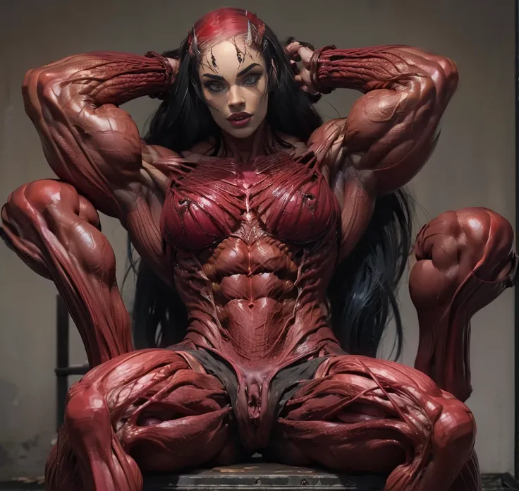 (1 skinless girl), (carnage skinless physique:1.5), (megan-fox:1.5), (1 super muscular undead skinless succubus with gigantic horns:1.5), (covered in red necrotic rotting skinless muscle:1.5), (exposed muscular anatomy:1.5), (perfect fingers:1.25),(8k, RAW...