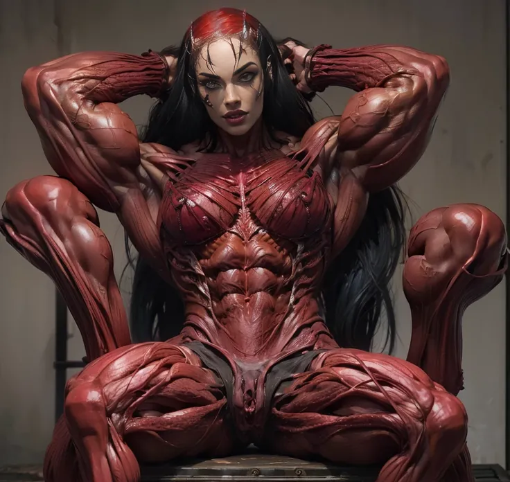 (1 skinless girl), (carnage skinless physique:1.5), (megan-fox:1.5), (1 super muscular undead skinless succubus with gigantic horns:1.5), (covered in red necrotic rotting skinless muscle:1.5), (exposed muscular anatomy:1.5), (perfect fingers:1.25),(8k, RAW...