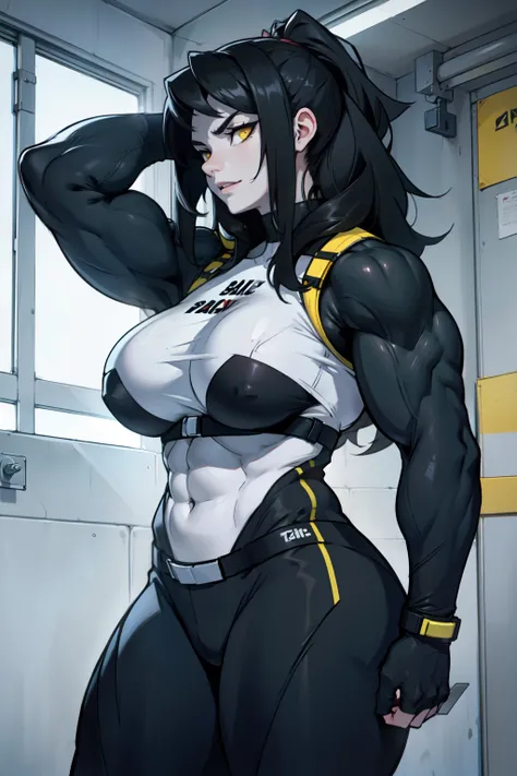 girl huge muscles black hair yellow eyes pale skin