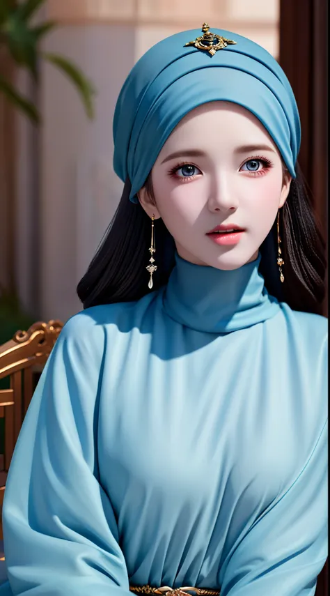 1girl, solo, beautiful face, high detailed realistic eyes, double eyelids, high detailed realistic pupils, (upon body from head to waist:1.36), (wearing hijab:1.37), (moslem headscarf:1.37), reading glasses, sitting alone on a long chair, amazing mosque pa...