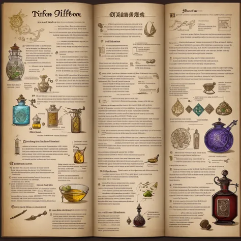 Full page concept design how to craft life Poison, intricate details,infographic of alchemical, diagram of how to make potions, captions, directions, ingredients, drawing , magic,wuxia