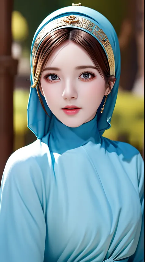 1girl, solo, beautiful face, high detailed realistic eyes, double eyelids, high detailed realistic pupils, (upon body from head to waist:1.36), (wearing hijab:1.37), (moslem headscarf:1.37), reading glasses, sitting alone on a long chair, amazing mosque pa...