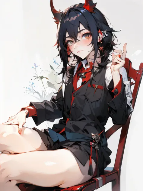 An anime boy with horns sitting on a chair, Seductive anime boy, Red-haired mage, guweiz, Demon anime boy, Anime cute art style, attractive anime girls, Gaimoyedre, guweiz on pixiv artstation, with index finger, Anime girl squat，redheadwear，Diviner