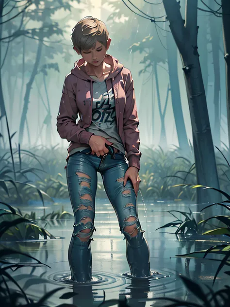 Mature vicious emaciated woman, (Flares on fitted jeans:1.1), drowning, Standing knee-deep in a muddy swamp:1.2, Completely Body, For fading skin, Cracked wrinkles, pixie cut, Dirty tight hoodie, dramatic, atmospheric, photografic, Soaking wet clothes, (Ma...