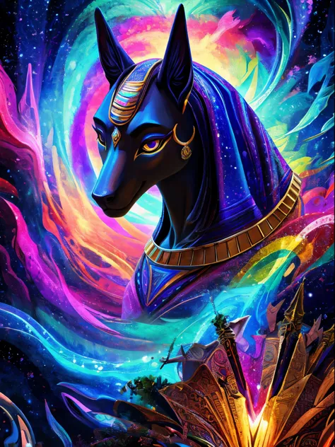 Mindblowing Art "Anubis in a psychedelic and surreal world, ultra-detailed, with vibrant colors and lighting effects, creating a masterpiece with 8k and 4k resolution. Anubis is depicted with intricate details, merging with the surroundings seamlessly. The...