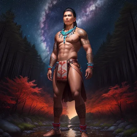 Strong indigenous male warrior standing in a forest with a swirling starry sky, galaxy, forest, glowing flowers, towering trees, water way, flowing creek, no shirt, wearing long brief cloth, beaded necklace, red skin tattoos, wearing knee-high leather mocc...