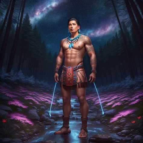 Strong indigenous male warrior standing in a forest with a swirling starry sky, galaxy, forest, glowing flowers, towering trees, water way, flowing creek, no shirt, wearing long brief cloth, beaded necklace, red skin tattoos, wearing knee-high leather mocc...