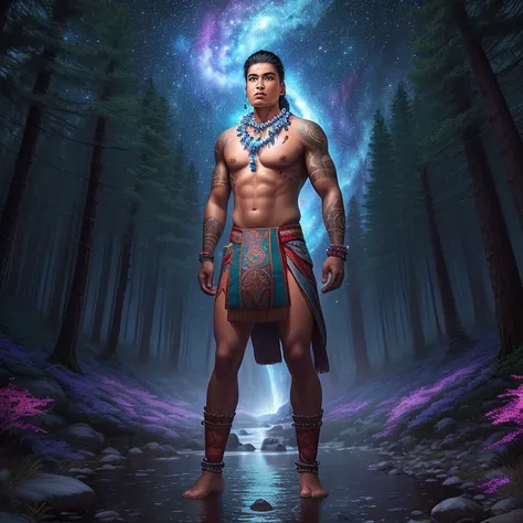 Strong indigenous male warrior standing in a forest with a swirling starry sky, galaxy, forest, glowing flowers, towering trees, water way, flowing creek, no shirt, wearing long brief cloth, beaded necklace, red skin tattoos, wearing knee-high leather mocc...