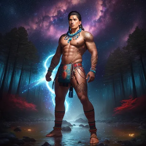 Strong indigenous male warrior standing in a forest with a swirling starry sky, galaxy, forest, glowing flowers, towering trees, water way, flowing creek, no shirt, wearing long brief cloth, beaded necklace, red skin tattoos, wearing knee-high leather mocc...