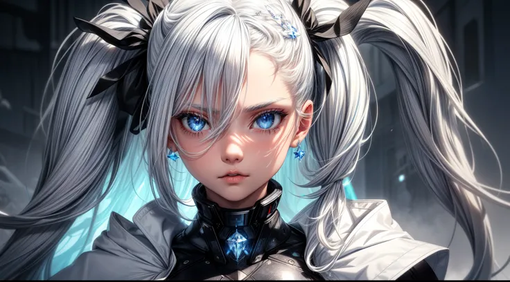 (a)woman,young,19 years old,ponytail white hair,(twintail:white hair:1.1),skin as white as snow,cold gaze,black clothes,[grey robe],cape,half body,(background:blue lights),(blue-eyed:crystal eyes),(ice blue eyes),(icy:blue eyes),(intense:blue eyes),(crysta...