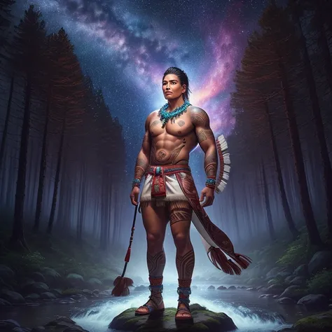 Strong indigenous male warrior standing in a forest with a swirling starry sky, galaxy, forest, glowing flowers, towering trees, water way, flowing creek, no shirt, wearing long brief cloth, beaded necklace, red skin tattoos, wearing knee-high leather mocc...