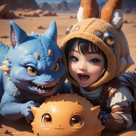 超A high resolution、An ultra-high picture quality、8K、Detailed details、marvelous expression、Lots of kids、many small, A comical and cute monster becomes your friend....、everyone is playing together、Monster Hunter Character Costumes、Vast desert background、