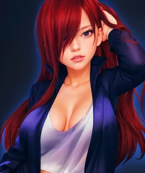 anime girl with red hair and wearing blue gym cloth, white t-shirt, Erza scarlet as a real person, digital anime art!!, [ 4 k digital art ]!!, seductive anime girl, looking at viewer, realistic anime art style, digital anime art, digital anime illustration...